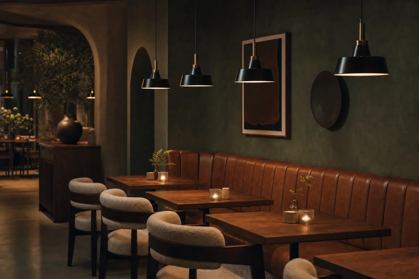 Deri bankolu restoran oturma alanı